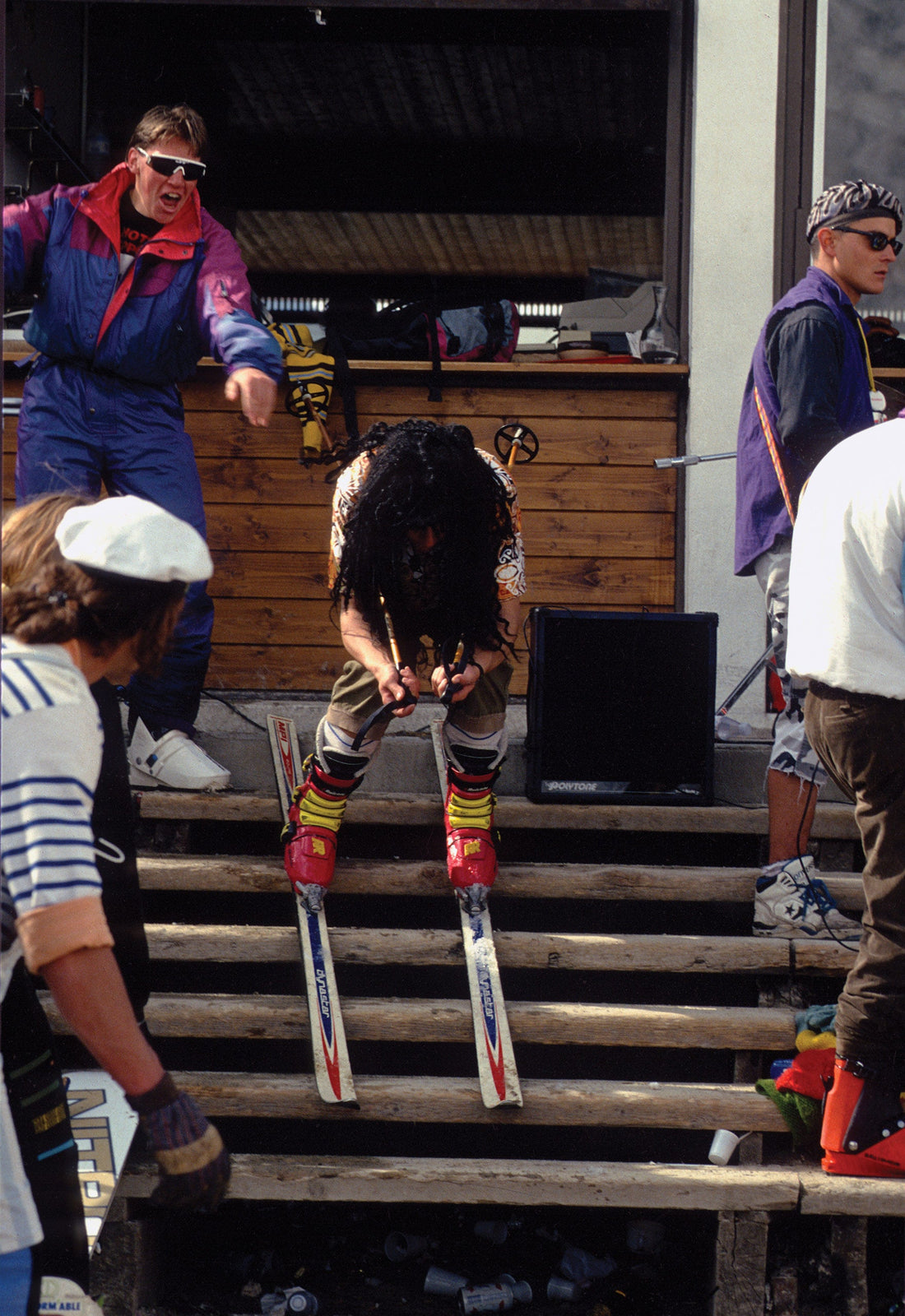 The heady closing day parties at Grand Montets, France, like this one on May 5, 1990, always included a massive après scene with music at the top of the tram dock. Photo: Greg Von Doersten