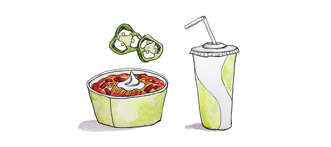 Illustrations of chile, coke and peppers by Katie Lozancich