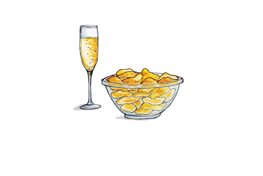 Illustration of prosecco and potato chips by Katie Lozancich