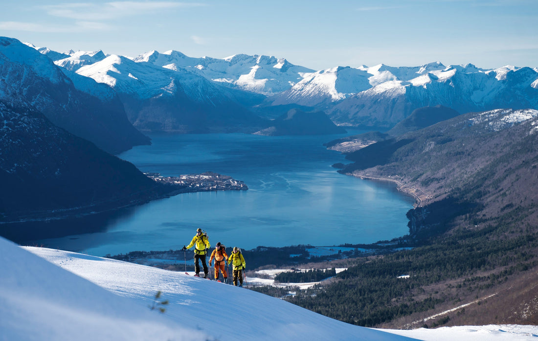 Jonas Østrem, Lisen Strøm and Mark Morris high above the Romsdalsfjord in western Norway. Photo: Anders Vestergaard