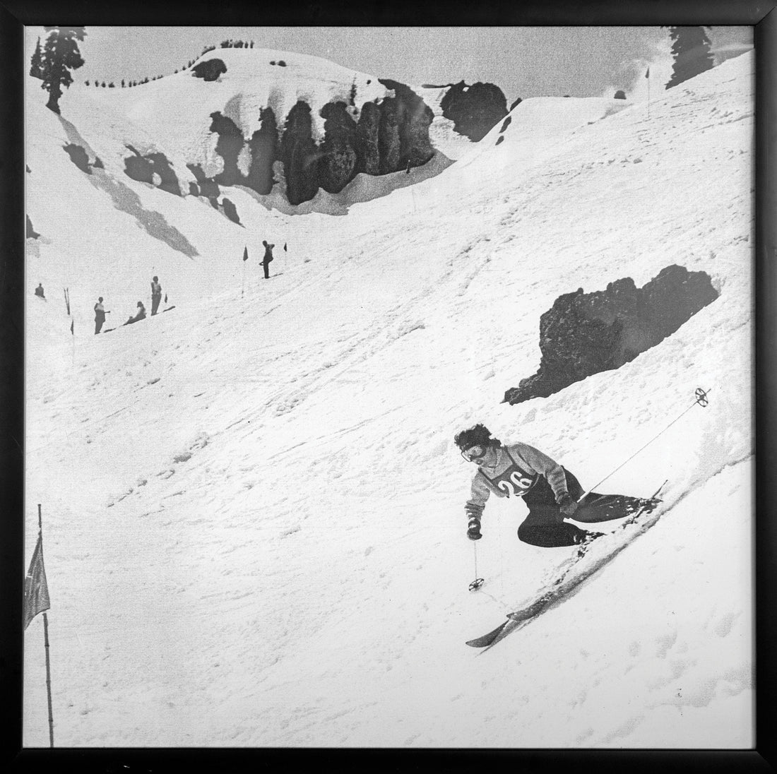 For 85 years, skiers have raced down the Silver Belt Gully, 1,300 feet of undulating terrain that drops off Mount Lincoln, Sugar Bowl, CA’s high point at 8,383 feet. Photo: Sugar Bowl Archives
