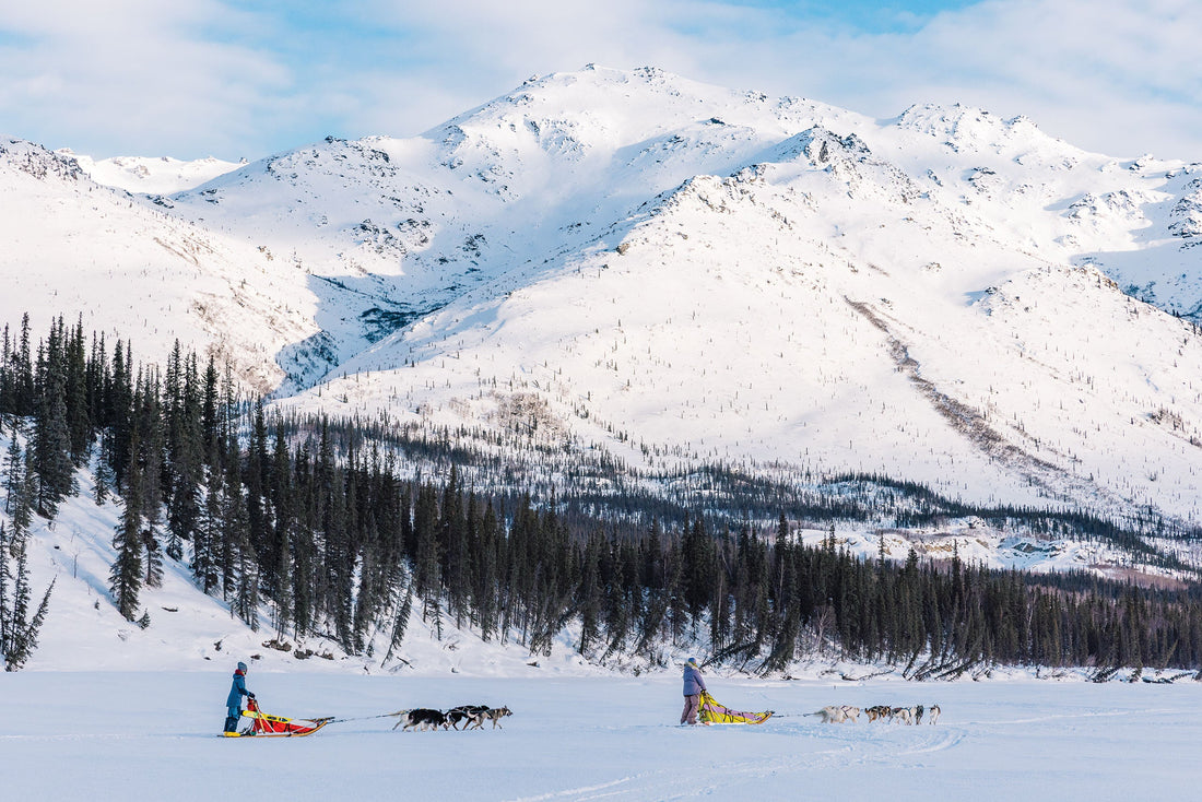 Mollie Busby (right), and Brigid Mander (left) traverse the Middle Fork Koyukuk River back to camp after a full day of skiing and dogsledding. 