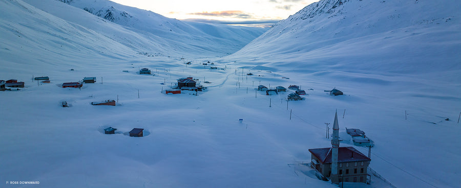 Pre-dawn on the sleepy town of Ovit, Türkiye. In the winter, the only inhabitants are those who work at Ovit 2640 Hotel. The valley boasts 30,000 acres of backcountry skiing and straddles the ancient Silk Road.