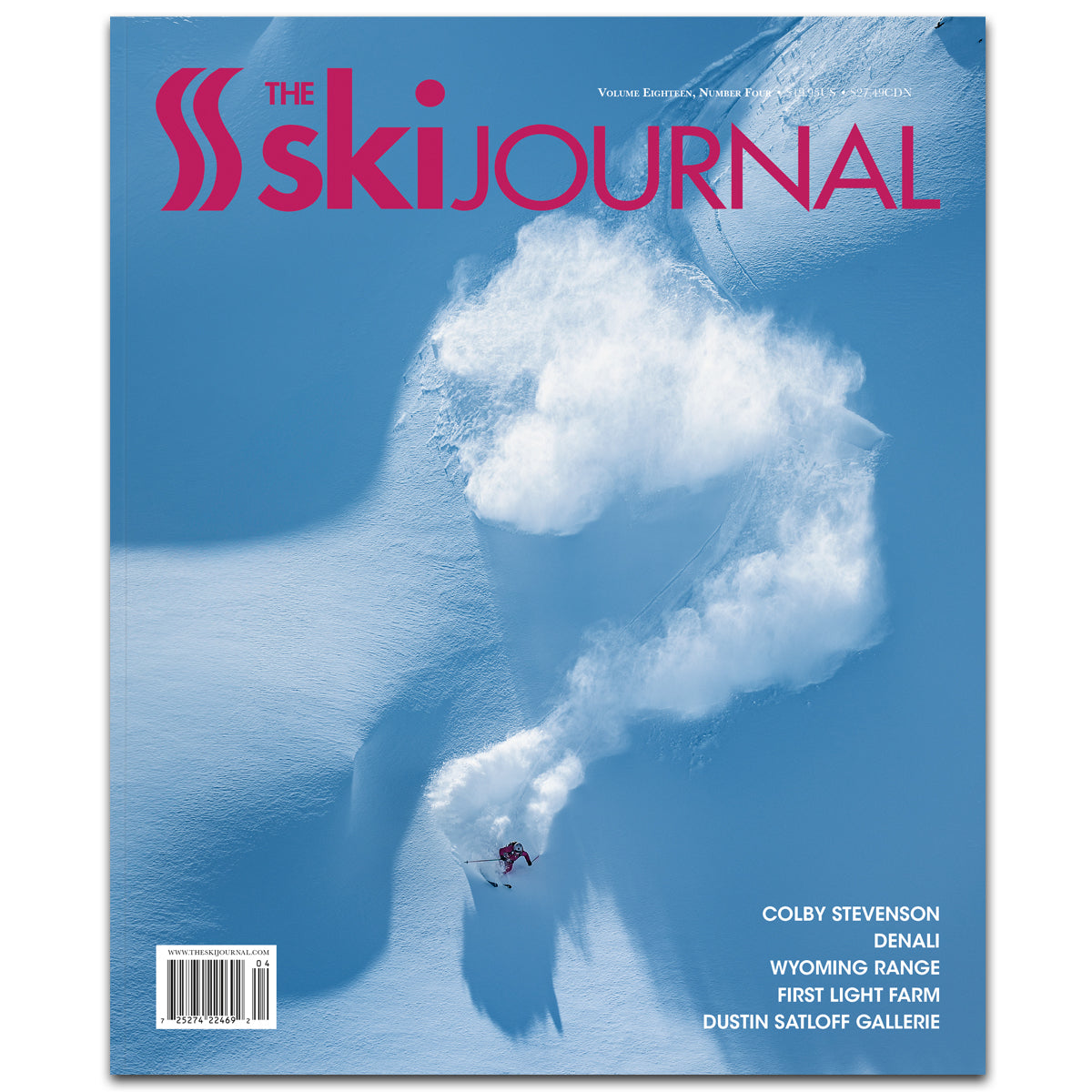 The Ski Journal, #18.4. Featuring Colby Stevenson, Denali, Wyoming Range, First Light Farm, Dustin Satloff Gallerie and much more. Cover: “We arrived in Bella Coola, BC, in March and everyone said, ‘You should have been here last week.’ After waiting out three down days we got a fresh dusting of snow. Before we went out for proper film lines, we got our toes wet and tested conditions with some cold smoke powder turns. Lucy Sackbauer loves pink, so I called her pretty in pink.” Photo: Robin O’Neill